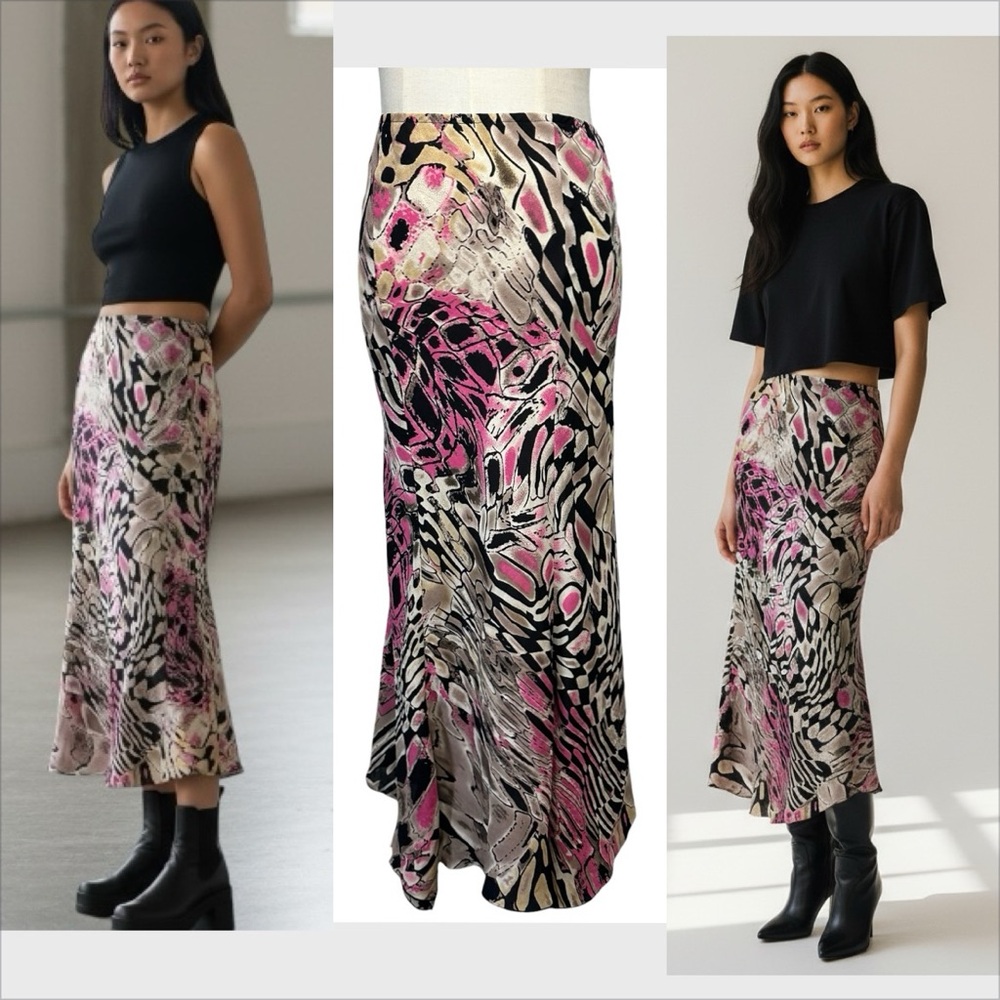 Vtg Y2k 2000s Bias Cut Abstract Midi Skirt Sz S/M… - image 1